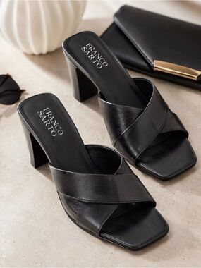 #70 Franco Sarto Black Leather Crisscross Slide Mules